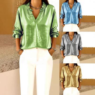 Blusa Feminina Europeia e Americana com Gola Alta Babada e Manga Longa