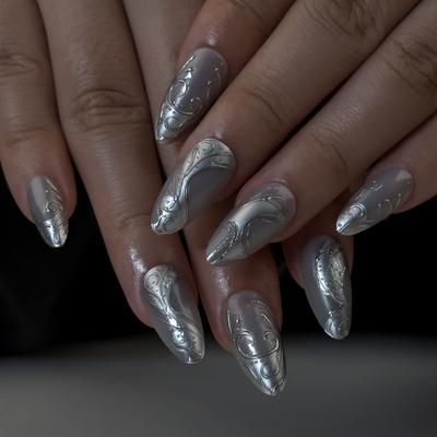 Gothic Cool Spicy Silver 3D Stereo Silver Paste Wear Nail Art Nail Film Short Almond Nail Hot Selling Fake Nails In Europe and America