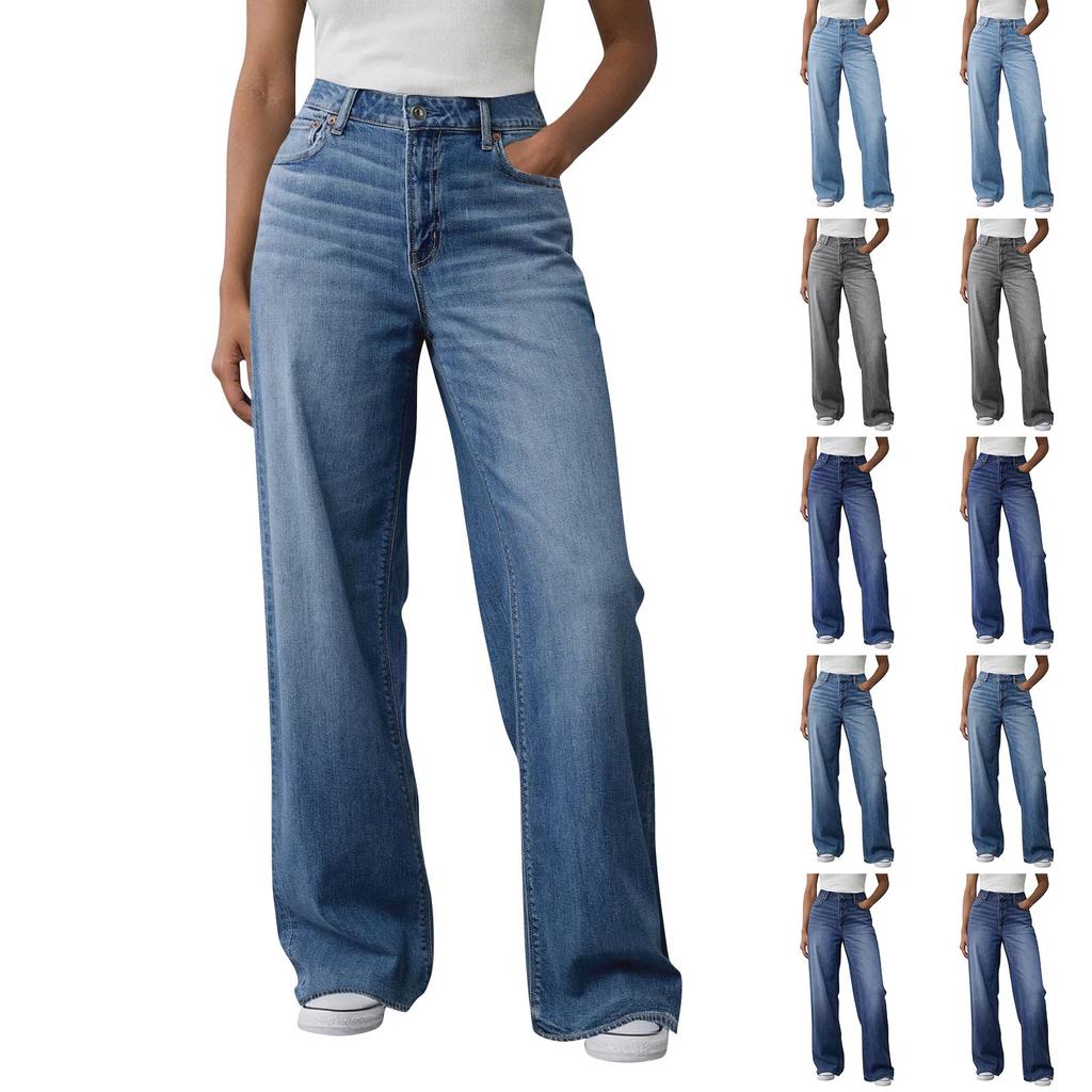 Womens High Waisted Jeans Stretchy Flared Straight Leg Loose Trendy Hem Denim Pants