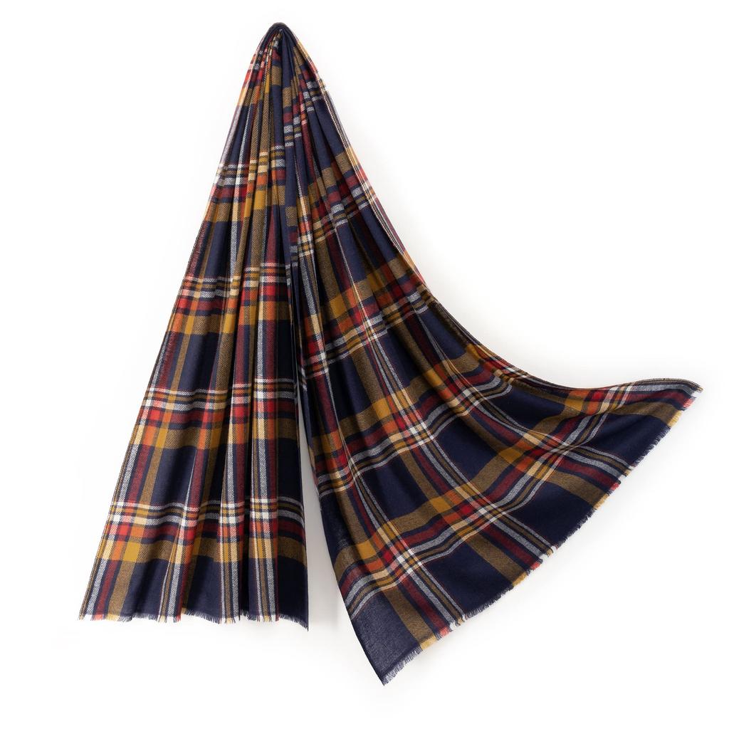 Cashmere Large Check Stole In Gift Camel and 70x200cm [Pashmina Collection] 100% Box, Navy,