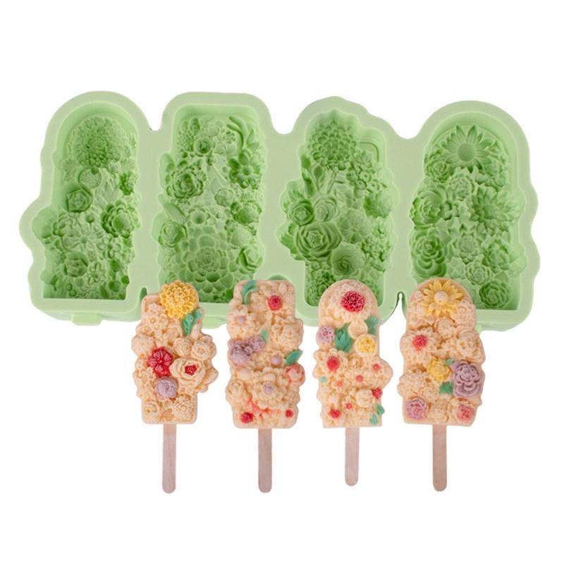 

Flexible Silicone Ice Lolly Molds for Kids 4 Compartments Popsicles Tray With Detachable Stick Ice Cream Molds зелений