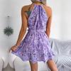 Women Spring Summer Halter Neck Leisure Ruffle Edge Flared Flower Beach Short Dresses