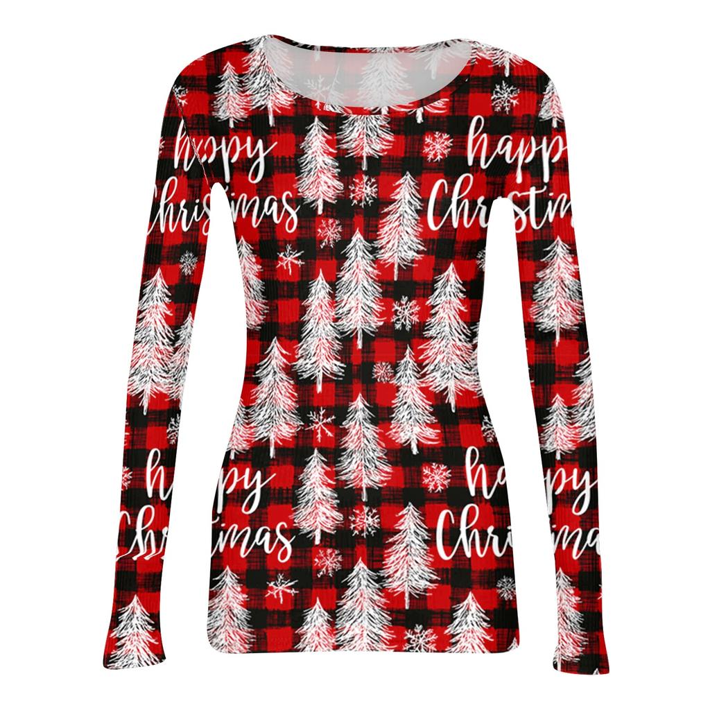 Women's Casual Christmas Print Long Sleeve Ribbed Neck Top