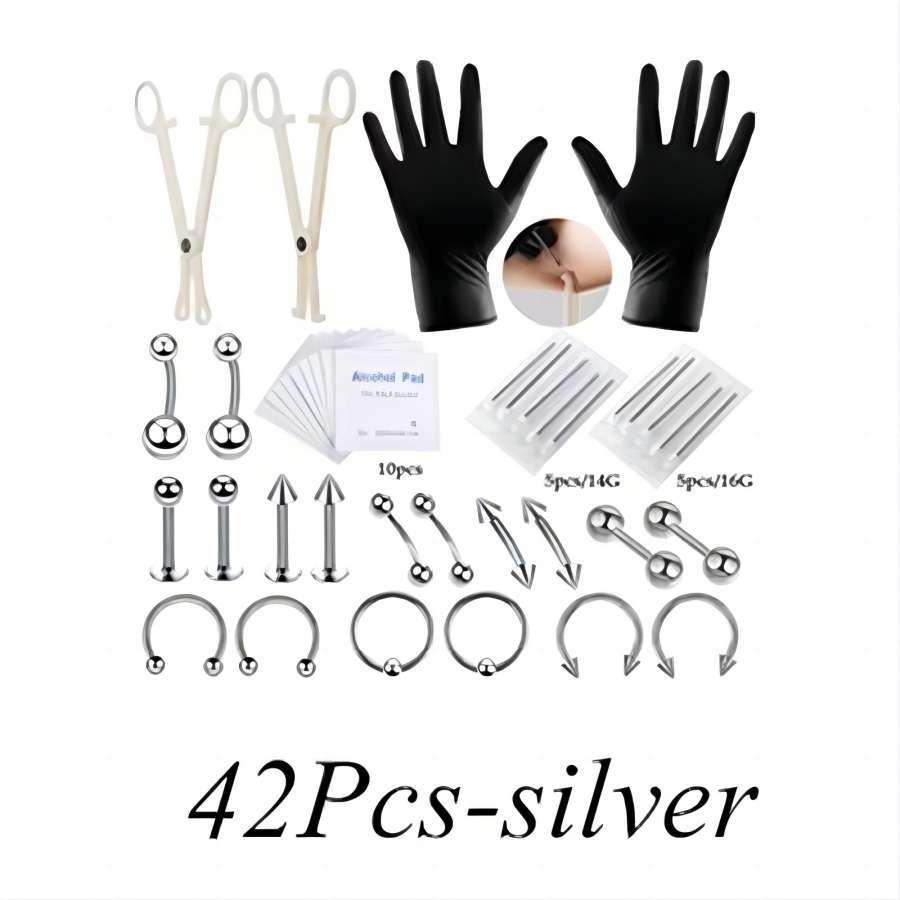 84PCS Mixed Set of Stainless Steel Body Jewelry: Nose Rings, Nose Studs, Eyebrow Studs, Ear Cartilage Studs, Lip Studs, and Navel Rings.
