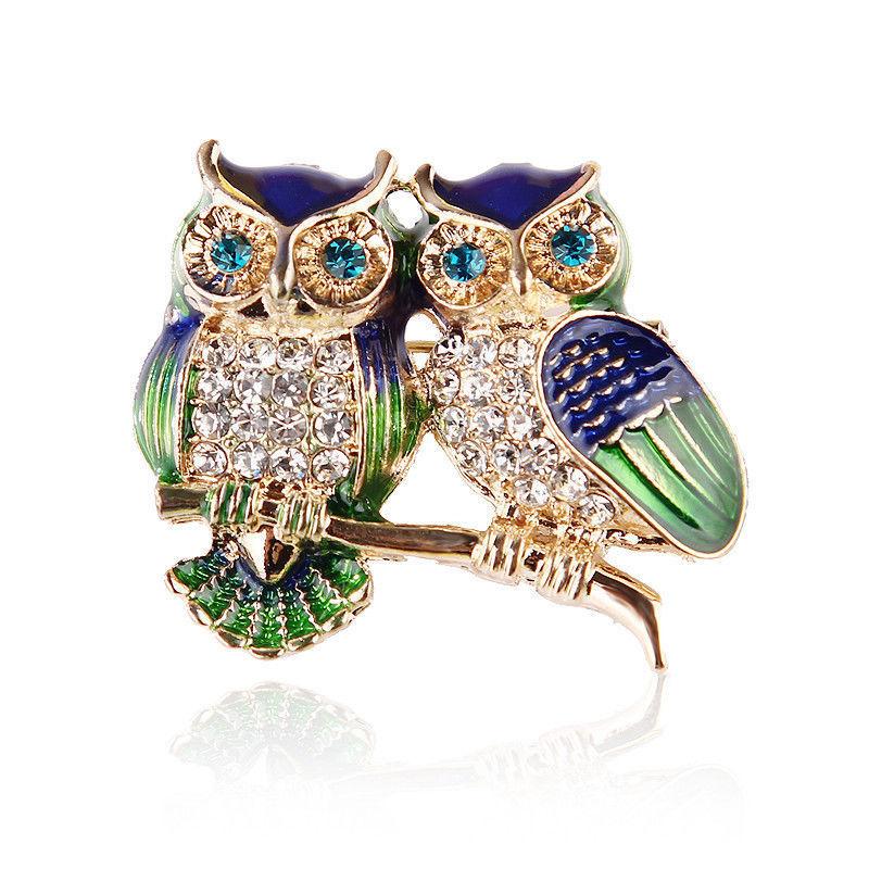 Shiny Zircon Blue Eyes Birds Pins Crystal Enamel Couple Owl Animal Brooches for Women Men Clothes Scarf Buckle Collar Jewelry
