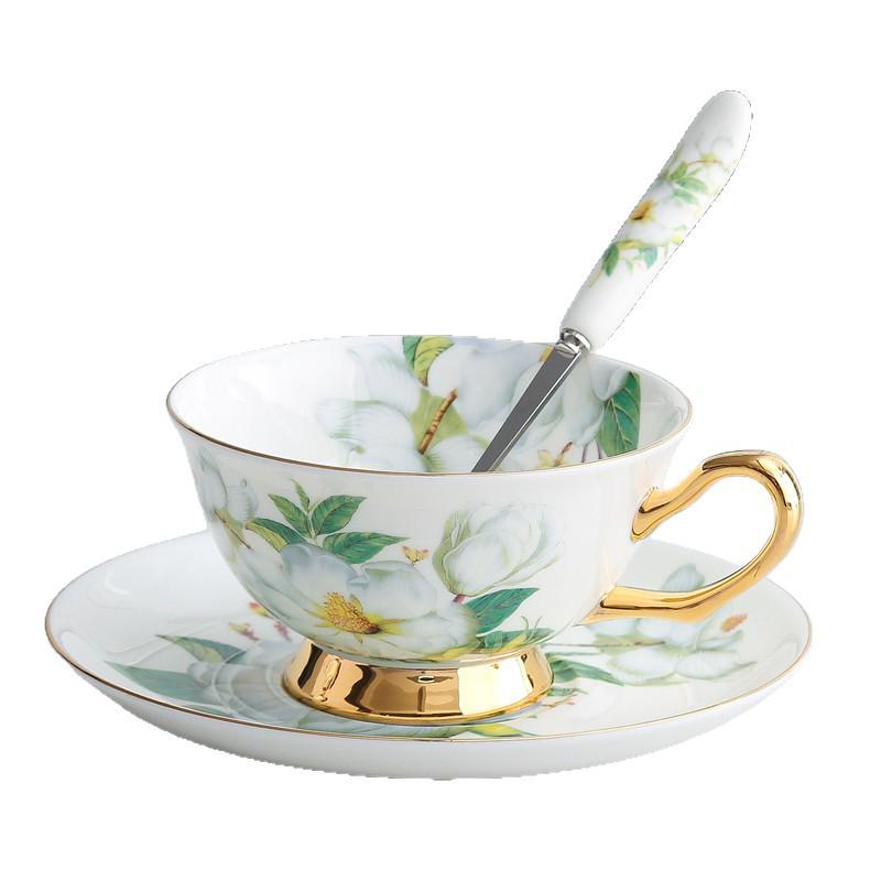 Camellia Gold-Trim Bone China Coffee Set: Cup, Saucer, Spoon, Pot, Milk Jug, Sugar Bowl, Pastry Skewer, Plate - Light Luxury.