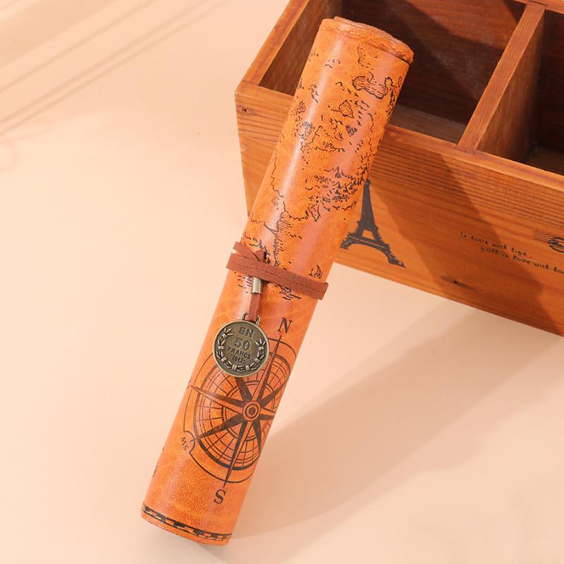

New 1PC Creative Treasure Map Retro Pencil Case Leather Large Roll Pencil Bag Embossed Buckle Simple Stationery Box Roll
