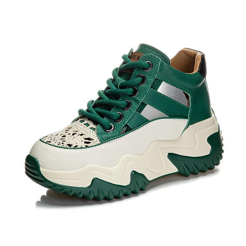 Inner height daddy shoes women's new summer breathable leather hollow casual sneakers platform sandals