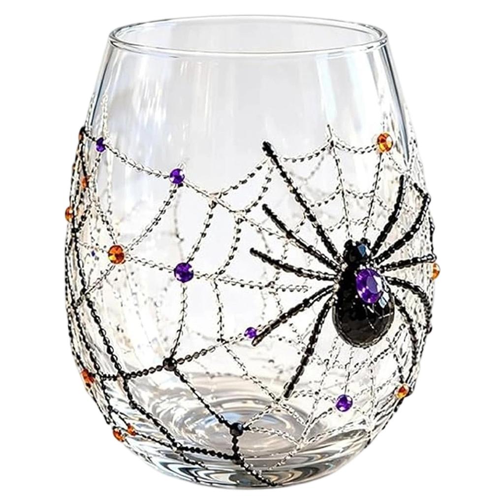 Halloween Handmade Embossed 3D Glass Cup Pumpkin Ghost Black Cat Spider Web Bat Star Handleless Tumbler for Fall Party