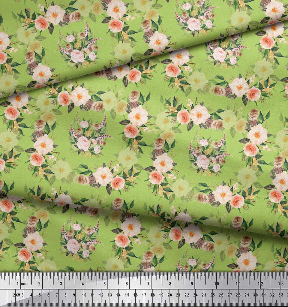 Soimoi Blue Poly Crepe Fabric Begonia & Peony Floral Print Fabric by the Yard 42 Inch