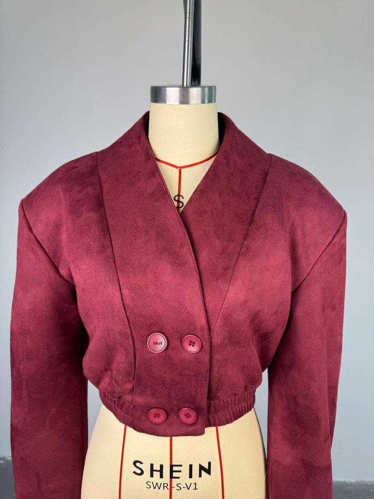 Burgundy Slimming V-Neck Double-Breasted Jacket - 2025 Spring Women's Fashion
