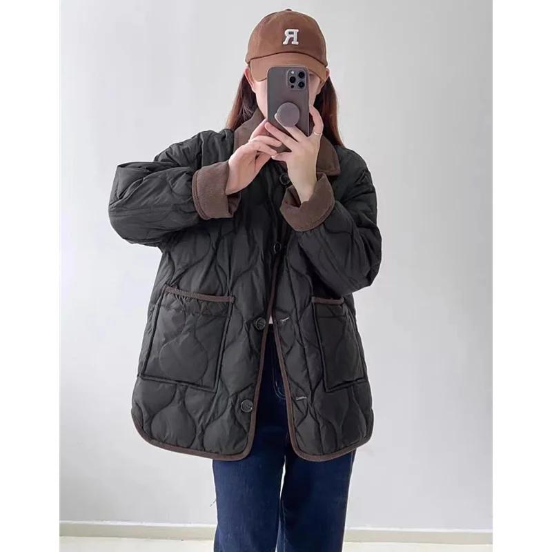 Loose Cotton Jacket Collared Contrasting Short Cotton Jacket Korean Retro Diamond Grid Cotton Jacket Women's New