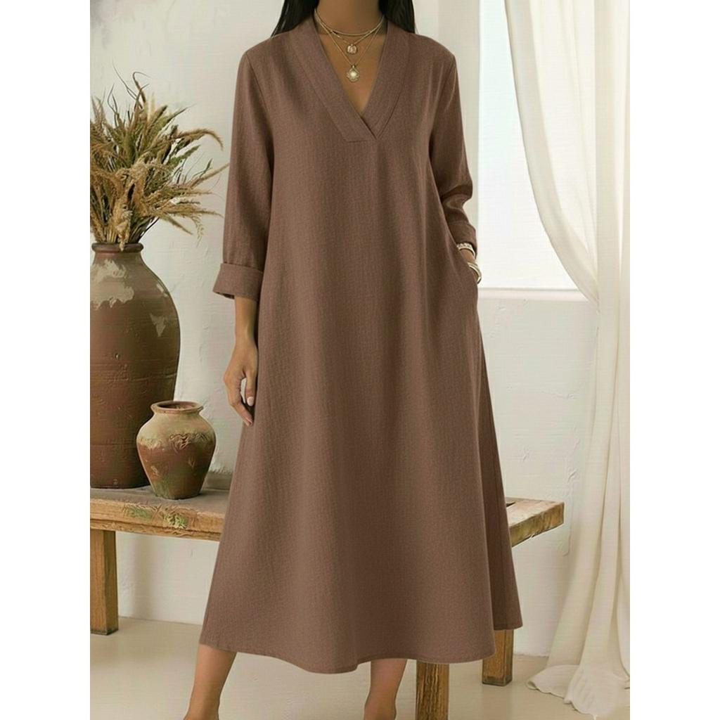 Spring New Women's Casual V-Neck Long Sleeve Cotton Linen A-Line Loose Long Midi Dress for European and American