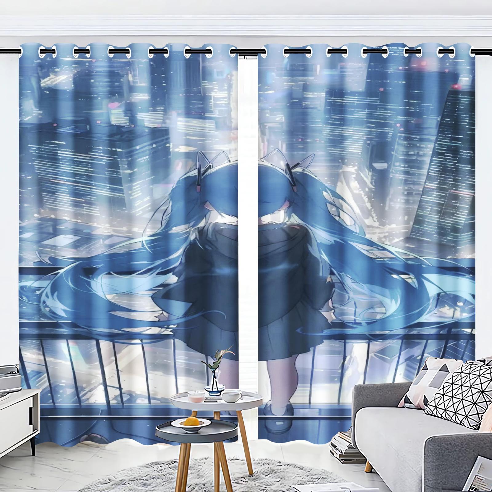 

Cartoon Curtain Beautiful Girl Home Hatsune Miku Print Cute Style Polyester Window Children Bedroom Living Room Light Blocking For Sitting Made Of W100*H130(CM)-Hooks&2PCS