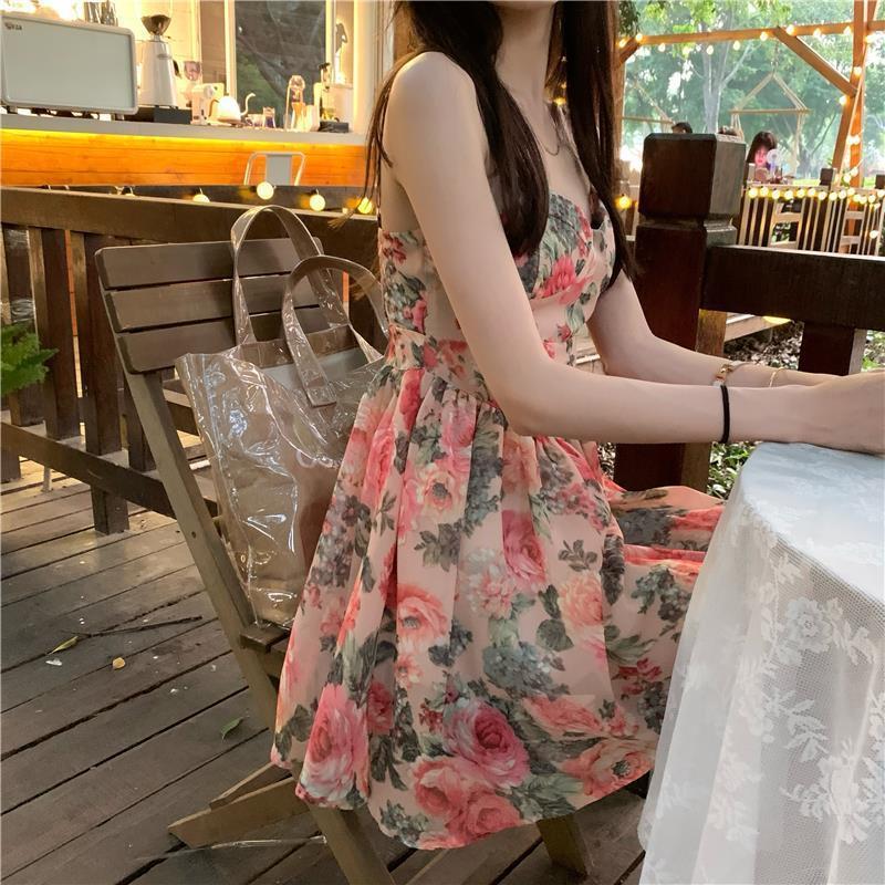 Floral Print Cami Dress Waist Slimming A-Line Skirt French Style Summer Fairy Dress for Women