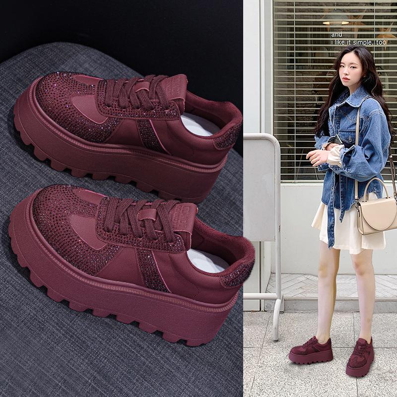 Thick-soled heightening German training shoes women's 2025 autumn models retro matte leather plus rhinestones casual fashion sports board shoes wome