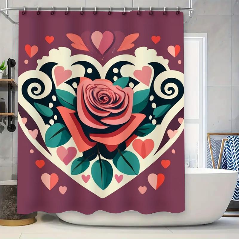 Elegant Rose Heart Shower Curtain - Waterproof, Mildew-Resistant, Machine Washable For Romantic Bathroom Decor