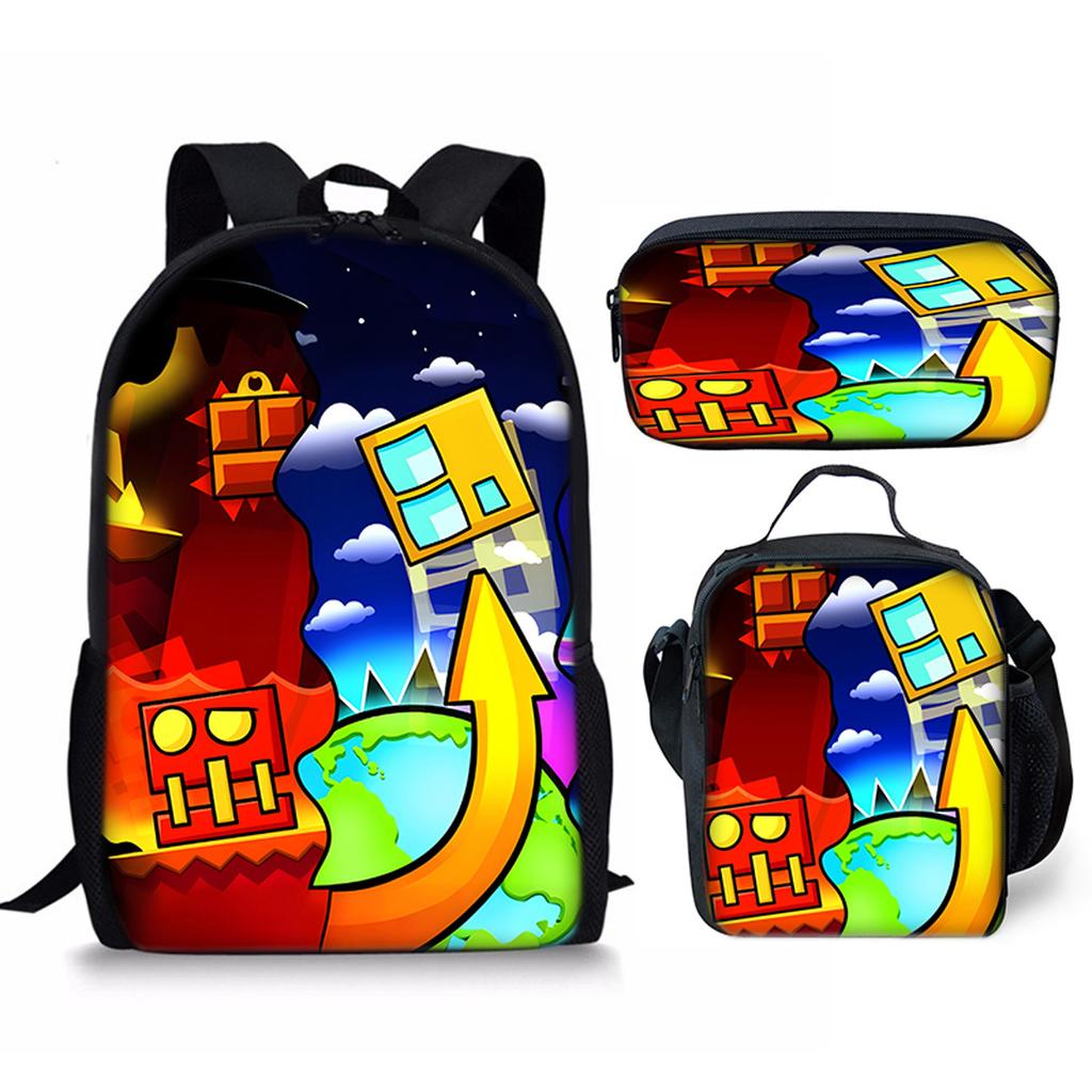Hip Hop Popular Funny Geometry Dash 3D Print 3pcs/Set pupil School Bags Laptop Daypack Backpack Crossbody Lunch bag Pencil Case