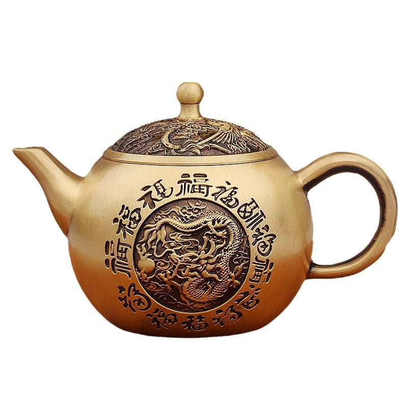 Brass Dragon & Phoenix Teapot Set: Chinese Tea Ceremony Decor & Metal Handicrafts