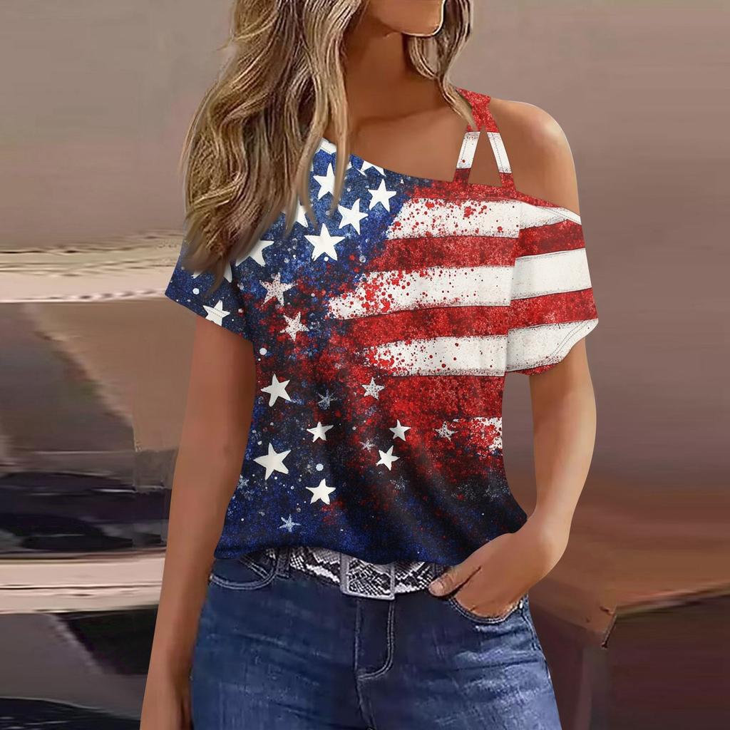 Women's Fashion Casual Independence Day Print Sexy Cold Shoulder Short Sleeve T-shirt Top