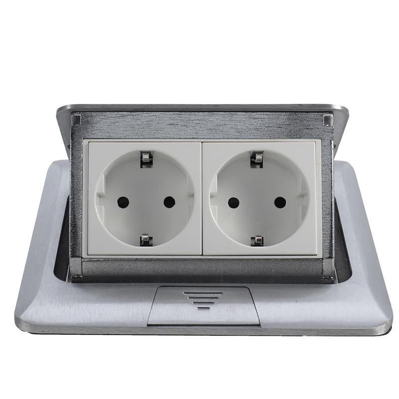 Aluminum Silver Panel EU Standard 2 Way Floor Socket Electrical Outlet Modular Combination Customized Available Sockets