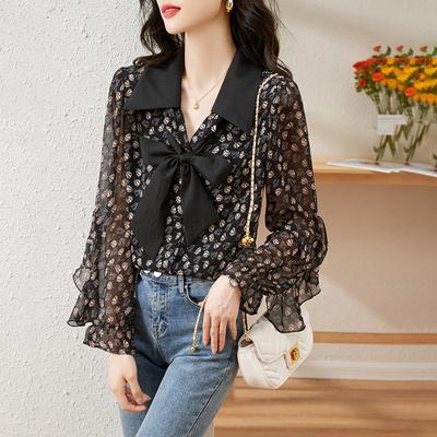 Fashionable Long Sleeved Women's Floral Chiffon Shirt, Women's Chic Small Shirt Top
