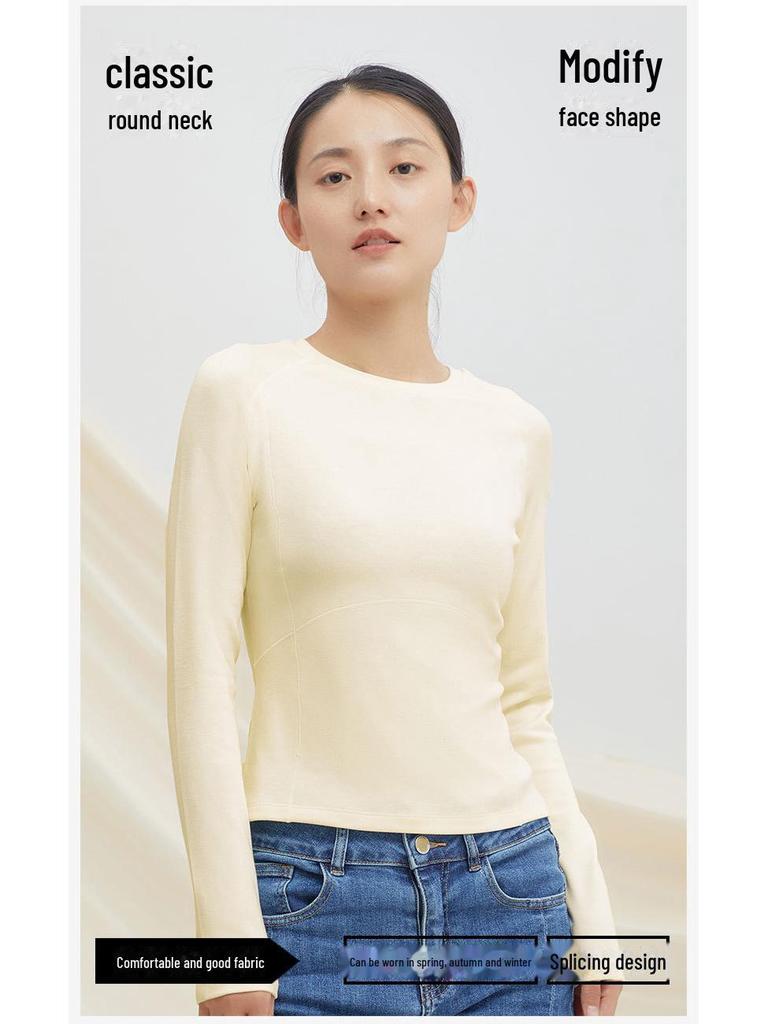 Women's Merino Wool and German Velvet Round Neck Bottoming Shirt - A-type Stitching and Thickened Skin-Beautifying Fabric