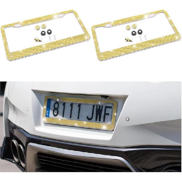 Bling Car License Plate Frame, Handcrafted Crystal Stainless Steel License Plate Frame, Sparkly, Durable, Universal Fit, Car Accessories For Girls,