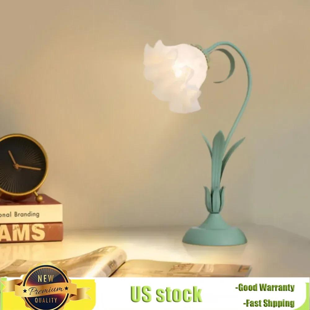 Bymaocar Green Table Lamp Flower Shape Handmade Light Lily Shaped Glass Desk Lighting with 4-way Rotary Switch & In-line Switch
