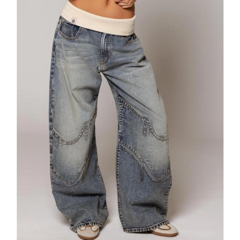 Vintage Street Hottie Taille Design Sinn Gewaschene Blaue Jeans Damen Y2K