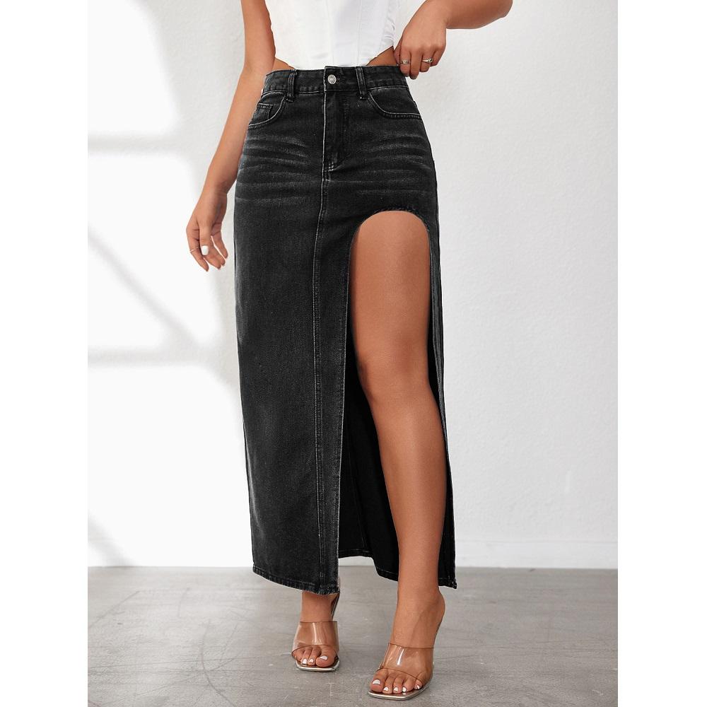 Women Long Denim Skirts Solid Color Midi Skirt Ladies Jeans Faldas Para Mujeres