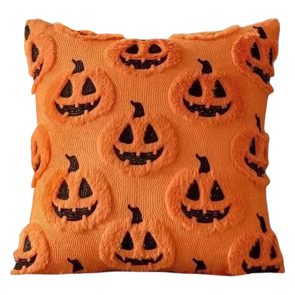 Halloween Ghost Pumpkin Pillowcase Washable Plush Faux Fur Pillowcase Comfortable Pillow Cover for Couch Sofa Home Decor 45*45cm