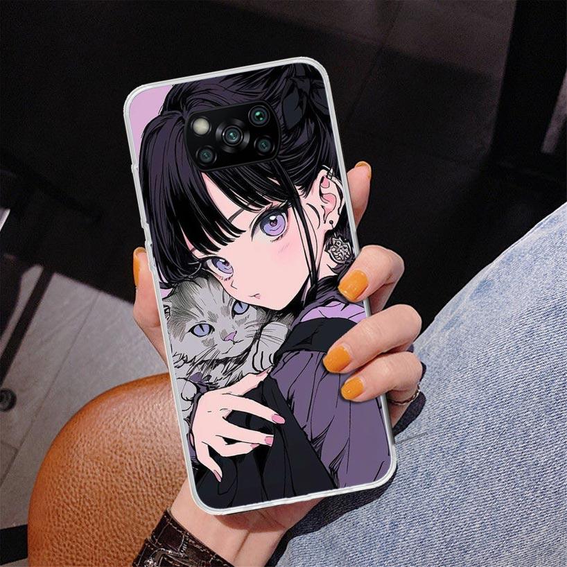 Anime Girls Cute Black Cat Phnoe Case for Xiaomi Poco X5 X6 X7 Pro X4 Gt F7 Ultra M8 M7 Redmi 15C 15 13C 13 12C 12 Unique Cover