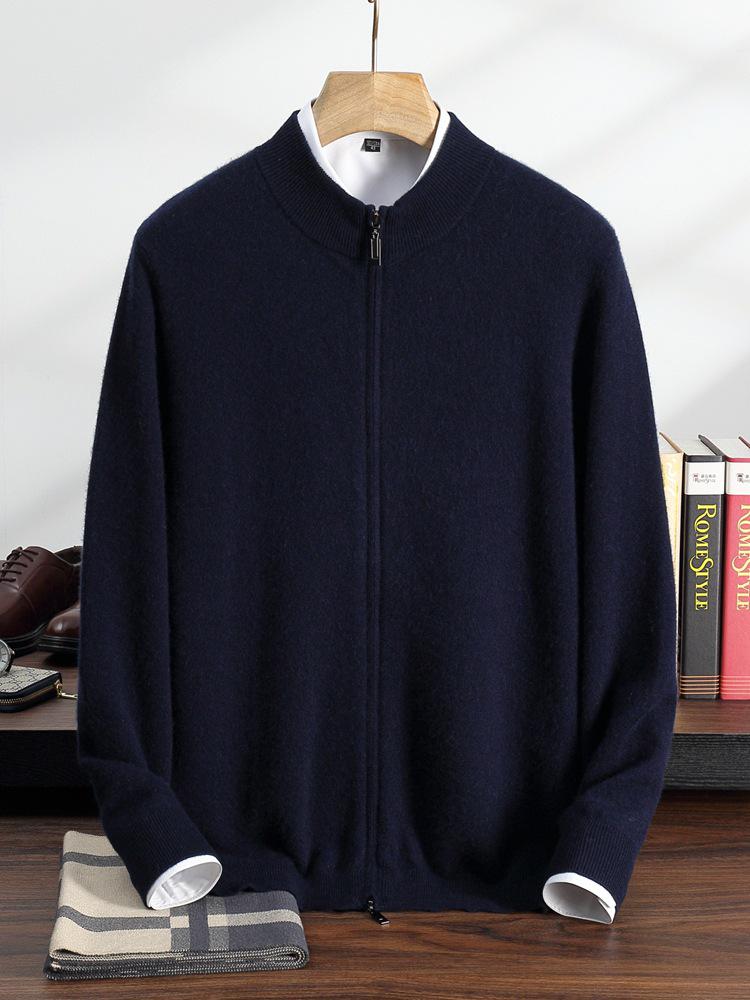 Men's Cashmere Half-High Collar Knit Cardigan with Double Zipper
