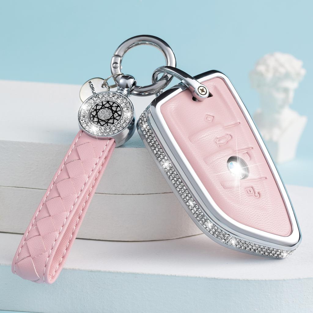 For BMW Key Fob Cover with Keychain, Pink Genuine Leather Crystal Key Case Protection Shell Compatible with BMW 2 5 6 7 X1 X2 X3