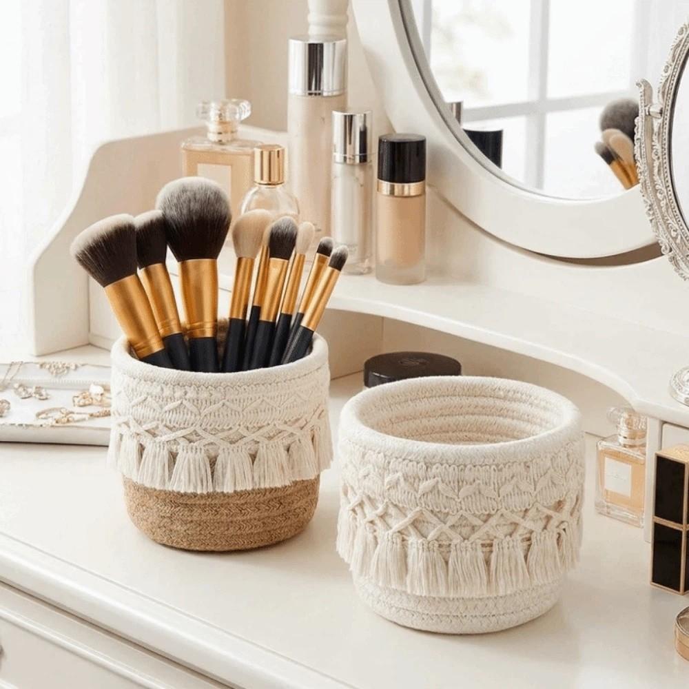 Round Woven Storage Basket Cotton Rope Makeup Brush Storage Box Pen Holder for Living Room