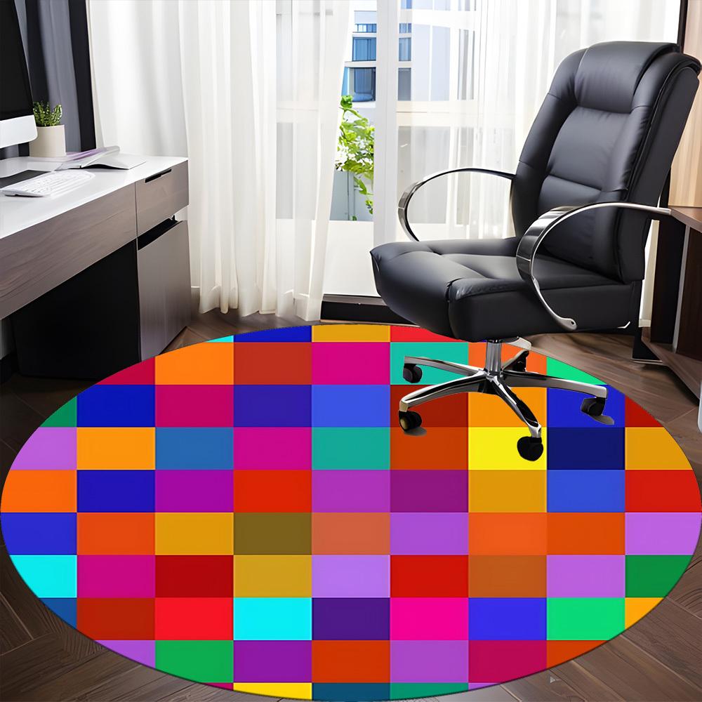 1pc Colorful Checkered Pattern Chair Carpet for Office, Round Polyester Mat, Indoor Decor for Office, Easycare Fabric, Washable Non-slip Area Carpet