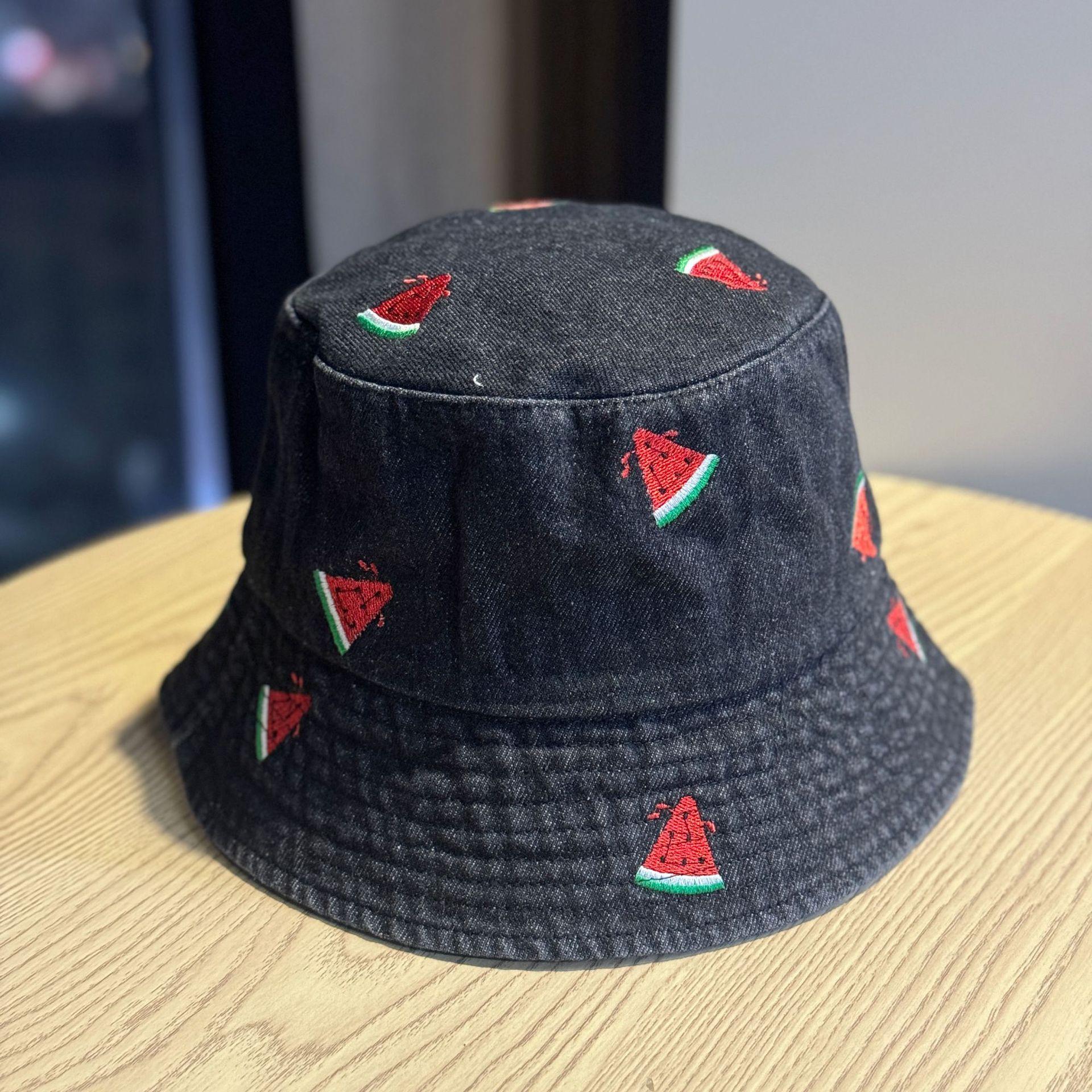 

Korean-style new watermelon embroidered denim bucket hat with wide brim for sun protection, fashionable and versatile, makes the face look smaller, Adult54-60Adjustable чёрный