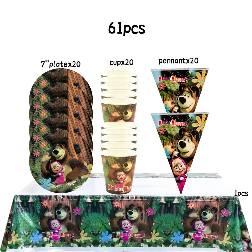 Dívka a medvěd Narozeninová sada Party dekorace Narozeninové talíře Ubrus Ubrousky Dárková taška Oslava pro miminko Party drobnosti Potřeby