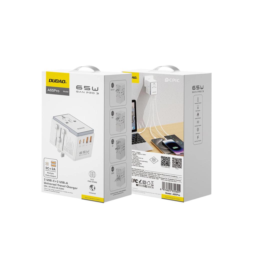 Adapter Podróżny Dudao A65Pro 65W Eu / Us / Jp / Aus / Uk 2X Usb-C 2X Usb-A - Biały