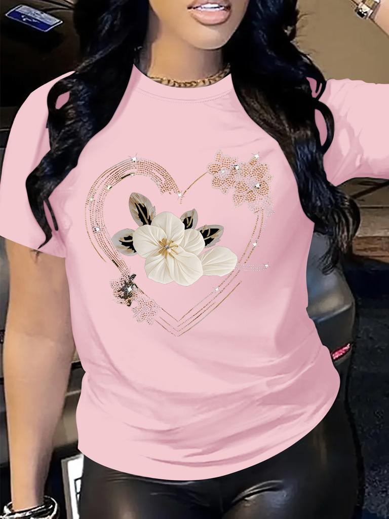 Women's Casual Short Sleeve T-Shirt Comfort Fit with Heart Floral Print Simple Design Showing Natural And Elegant Style