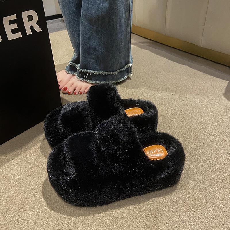 Cm Fluffy Shoes Women Wear  Internet Celebrity Explosion Autumn and Winter Go Out Thick-soled Plush Cotton Slippers