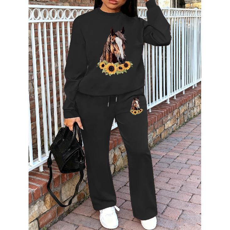 Women's Crewneck Sweatshirt & Drawstring Straight-Leg Pants 2-Piece Set, Printed Autumn/Winter Tracksuit