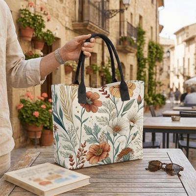  Floral Printed Canvas Tote Bag Fashion Casual Large Capacity Handbag for Daily Use