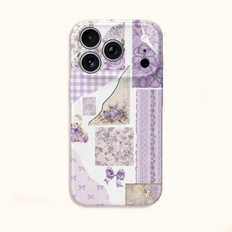 Charming Scrapbook Collage Lavender Floral Teddy Bear Ribbon Film Aesthetic Protective Shockproof Bumper Case Cover For iPhone 14 15 16 Pro Max Plus