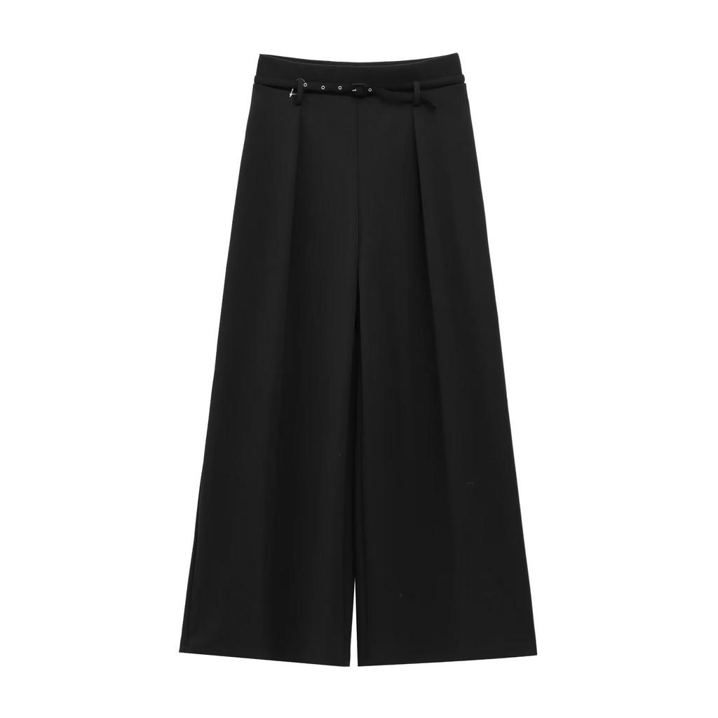 2025 Spring Women's Solid Color Belted Loose Wide-Leg Casual Long Pants