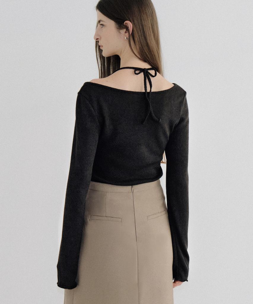 AWOKOMOSEU Ribbed Layered Halterneck T-Shirt (Black) Orc 6103