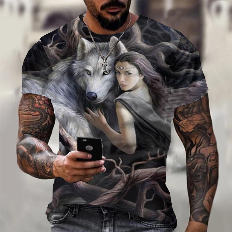3D T Shirt For Men Vintage O-neck Short Sleeve Tops Girls Wolf Print Harajuku Clothing