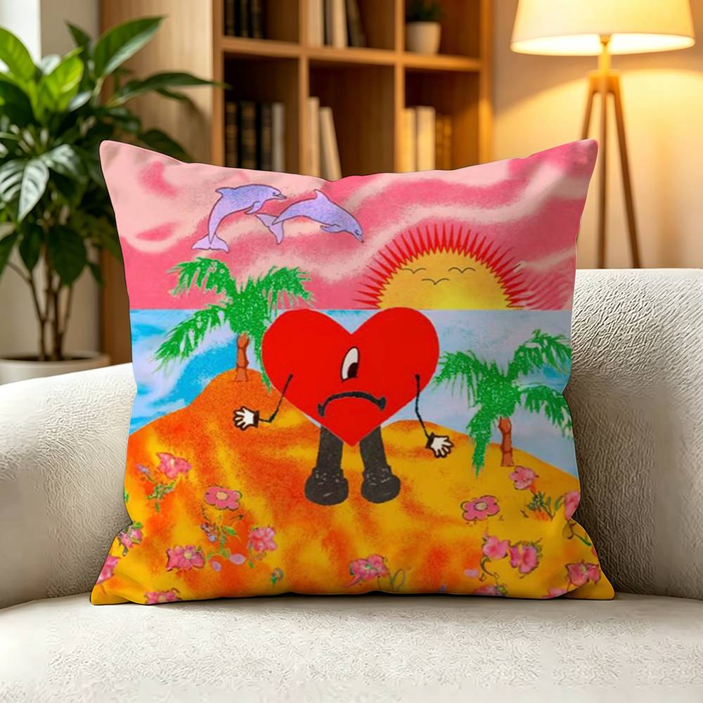BBad Bunny Reggaeton Rapper Square DoubleSided Printed Pillow Case Bedroom Bedside Pillow Sofa Cushion Cover