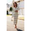 Fall Elegant V Neck Gingham Long Sleeves Short Midriff Outfit Tops Silm Sexy Sheath Skirt Knitting Suit Women